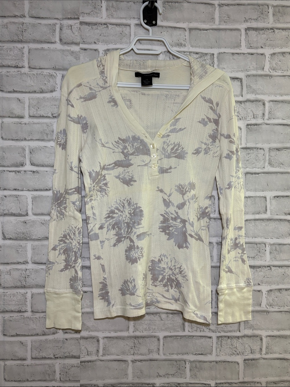 Calvin Klein Jeans Cream Floral Henley Hoodie with Gray Print, large 100% cotton